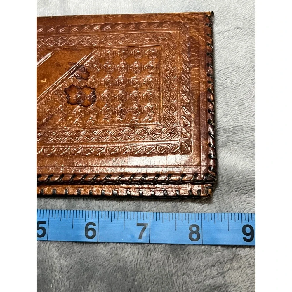 Vintage Tooled Leather Checkbook Wallet Southwest Cactus Aztec Design